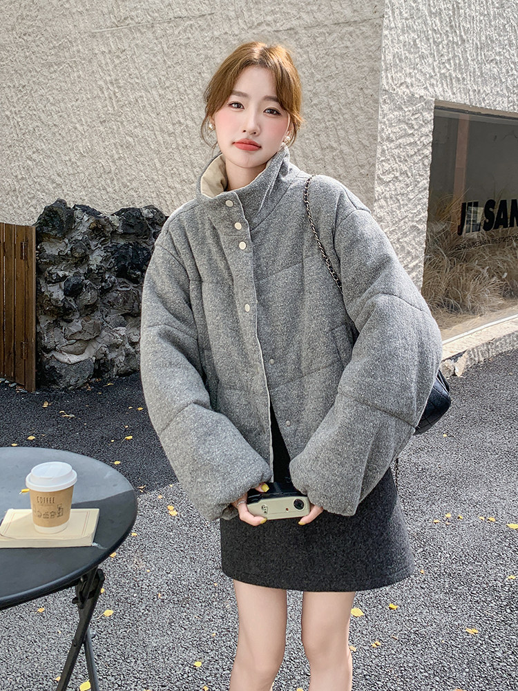 灰色宽松面包服短款慵懒风羊毛呢羽绒服白鸭绒外套6096P245K358,女装羽绒服,维壹