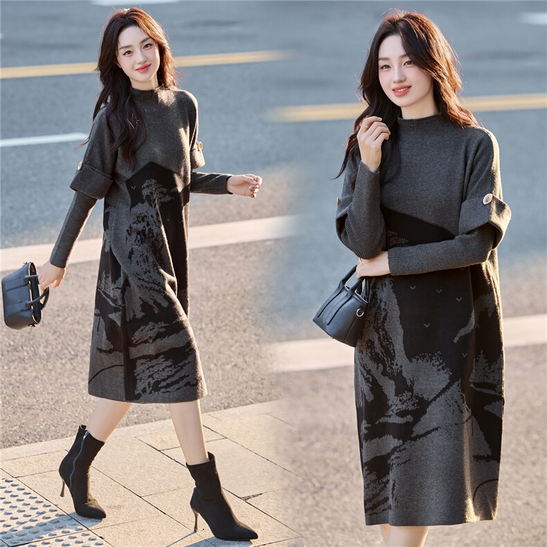 【现货】2025年秋季新款假两件水墨花毛衣裙中长款显瘦气质，女装针织衫/毛衣，辉煌依升