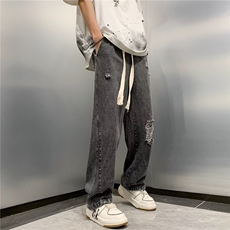 美式高街破洞牛仔裤男女ins潮牌hiphop宽松直筒长裤N01709-P48，男装牛仔裤，星座308B-1