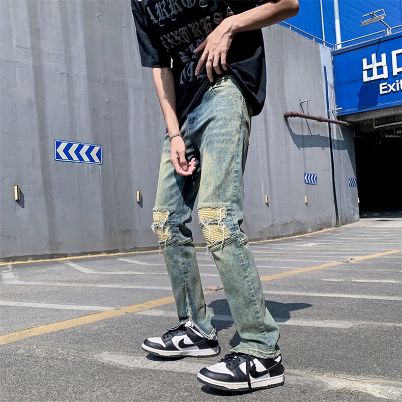 高街风复古洗水破开叉直筒牛仔裤男嘻哈潮长裤N0884-P55,男装牛仔裤,星座308B-1