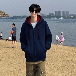 抖音得物二开美式高街重磅结构双层撞色连帽卫衣开衫外套W116图片