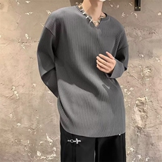 特大码褶皱坑条t恤男女设计感V领宽松长袖cityboy亨利领体恤300斤，男装T恤，星座506A
