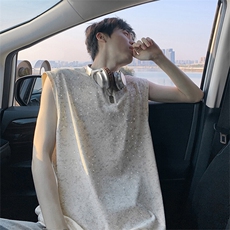 抖音得物二开240克纯棉美式扎染做旧亮片满天星无袖T恤坎肩背心，男装T恤，电商A486