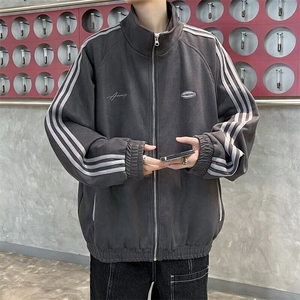 美式复古条纹运动夹克男春秋宽松痞帅麂皮绒时尚立领外套 WA52图片