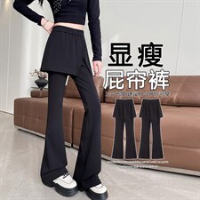 春季屁帘裤两穿假两件拼接休闲裤女设计感针织喇叭裤长裤图片