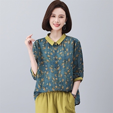 （新款）三年不下架2024年纯100%苎麻花衬衫拼接领短中袖女中老年，女装衬衫，璐依舞