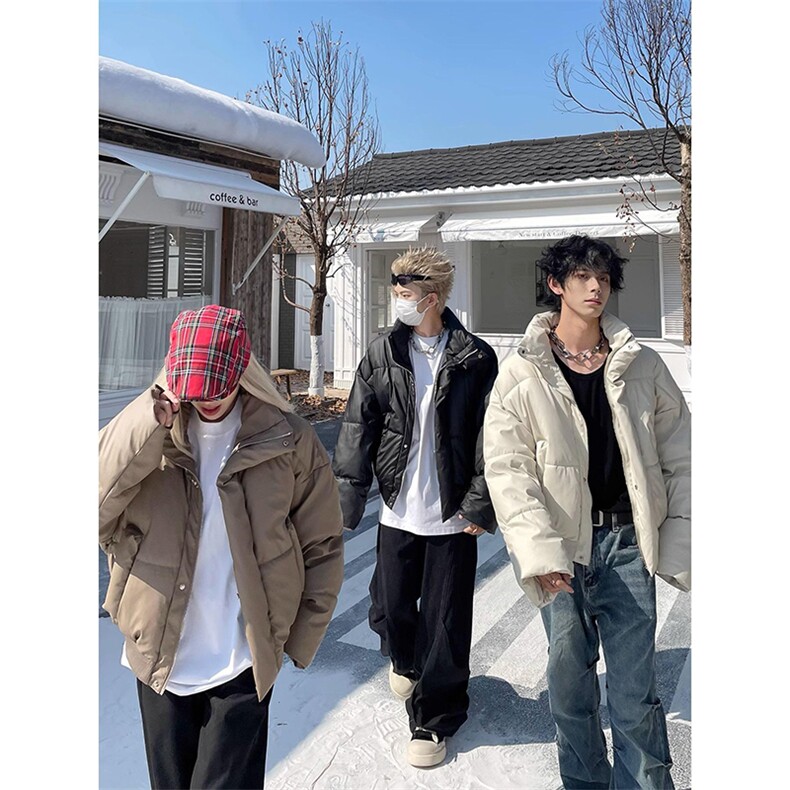 现货冬季三防重磅硬挺boxy短款羽绒刺绣立领PU皮棉衣外套加厚棉服，男装棉衣，电商A443