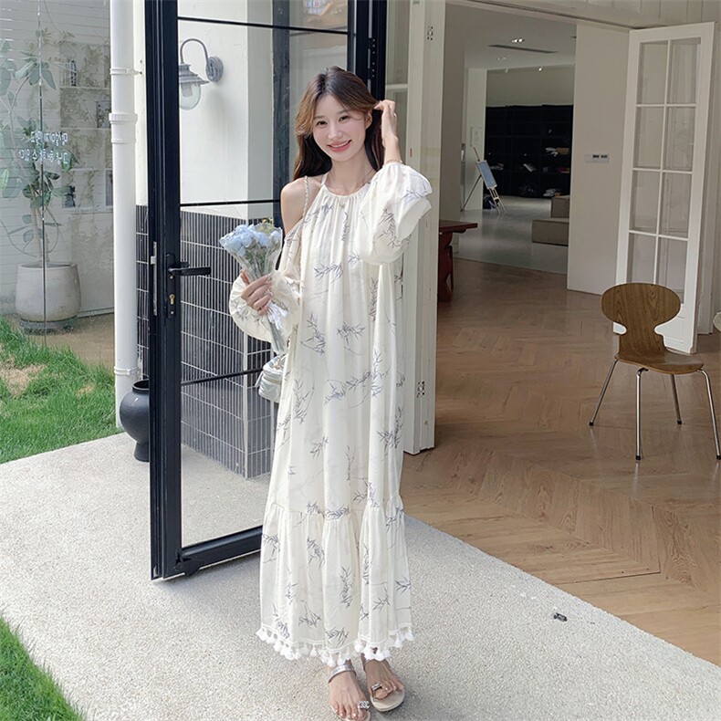 2025年夏季水墨竹叶印花裙大摆裙灯笼袖文艺复古宽松腰,女装连衣裙,诺蝶