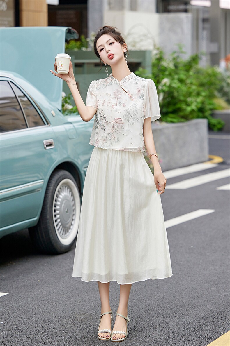 新中式复古印花套装女2024夏季新款宽松国风旗袍上衣半身裙两件套,女装套装/套裙,橙子家