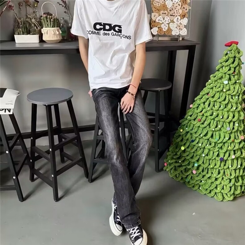 美式高街vibe风水洗黑灰色微喇牛仔裤直筒修身垂坠感长裤子潮流男,男装牛仔裤,四季星座505