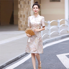2024夏季新款优雅印花盘扣连衣裙修身显瘦气质淑女风，女装连衣裙，橙子家
