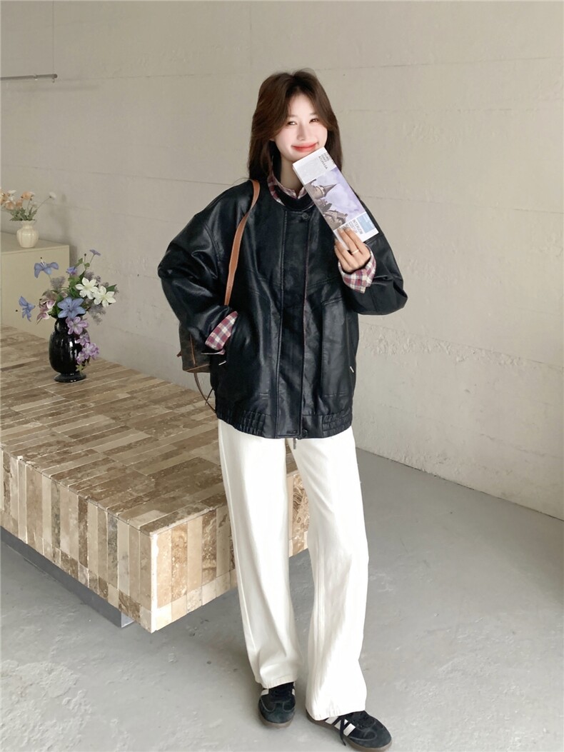 美式复古机车女孩皮衣女2026新款春季翻领宽松高级格纹撞色外套,女装皮衣,艾米莉亚