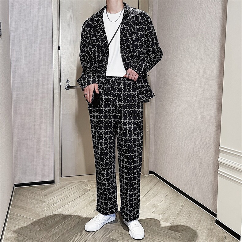 阔版宽松休闲西装套装个性花西服两件套TZ04/P100特图片