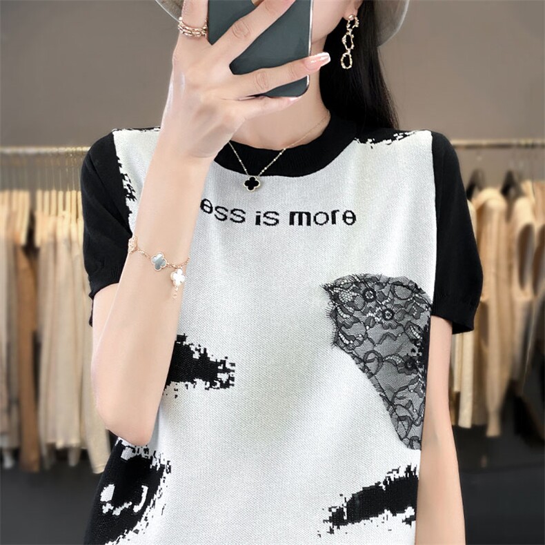 新款女装冰丝短袖针织衫水墨画图案拼接蕾丝设计时尚百搭显瘦上衣,针织衫/毛衣,萱芳婷羊绒