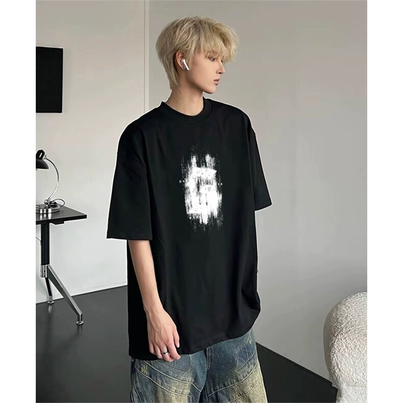 抖音得物供货210克现货宽松纯棉美式潮牌印花落肩袖纯棉T恤AT2157,男装T恤,电商A443