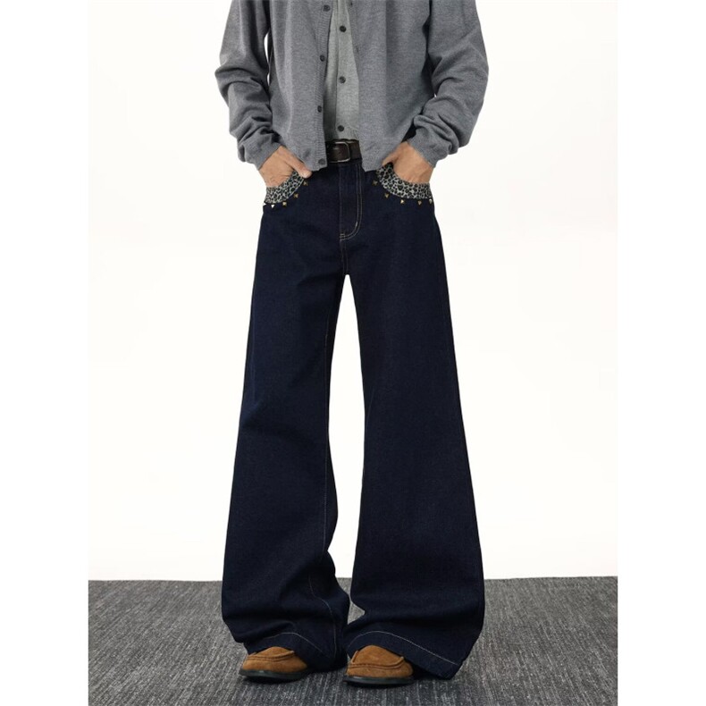 美式复古豹纹口袋牛仔裤男2025年秋季高级感刺绣字母宽松直筒长裤，男装牛仔裤，四季星座505