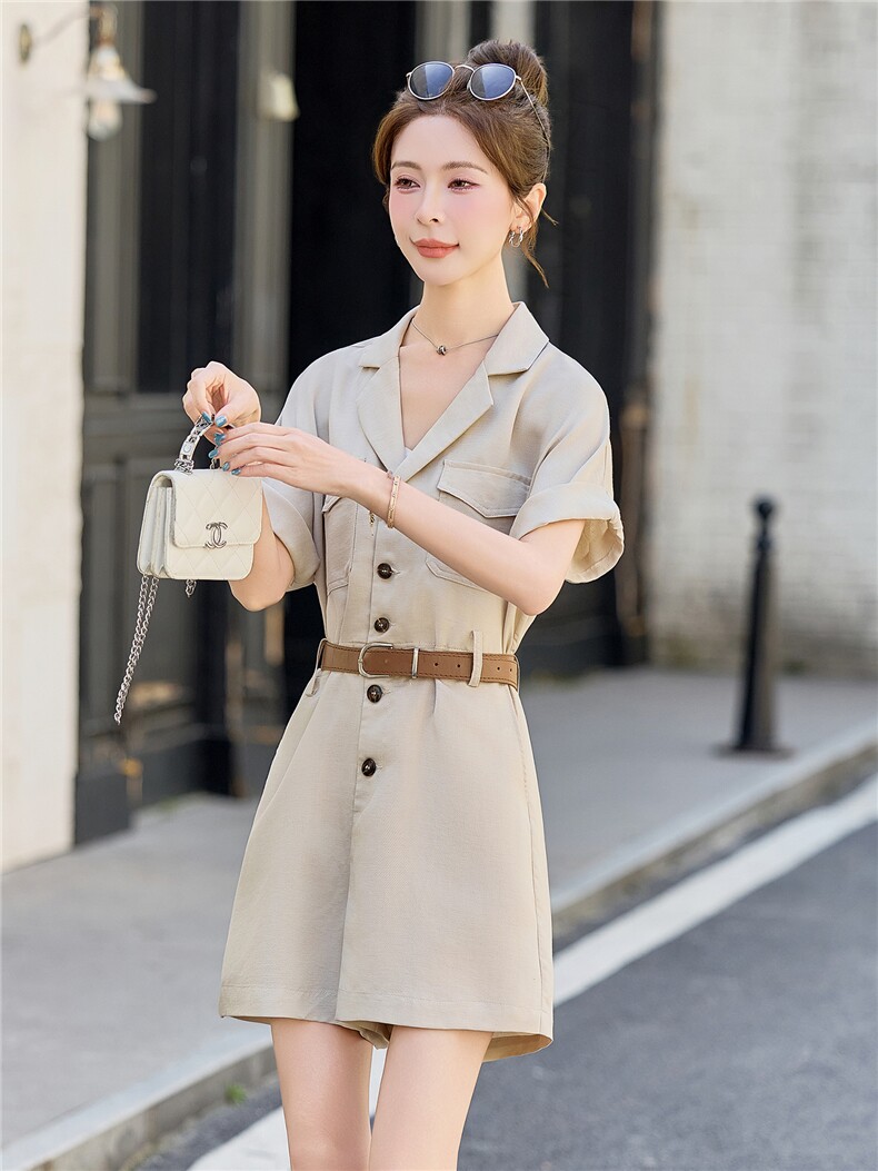 (新款现货）2026夏时尚休闲莱赛尔天丝西装领连体短裤（配腰带）,女装连体裤,印象茜