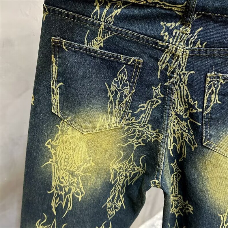 复古蓝提花水洗做旧牛仔裤男款秋冬新款2025设计感美式高街直筒裤,男装牛仔裤,星座506A