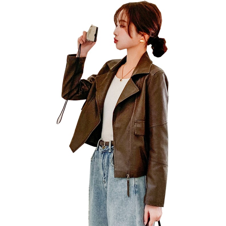 咖色酷飒机车风皮衣外套女2025年秋季新款小个子气质百搭PU皮夹克,女装皮衣,欣美人