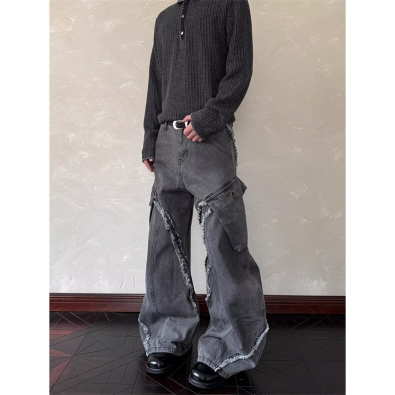 直筒牛仔裤男ins美式水洗做旧拼接宽松青年痞帅阔腿裤潮NZC630图片