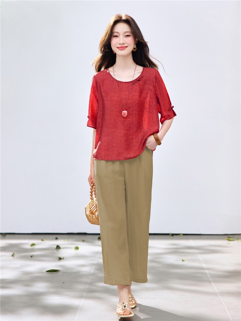 长期现货2026夏季新款提花上衣女中年妈妈冰天丝阔腿裤休闲两件套,女装套装/套裙,璐依舞