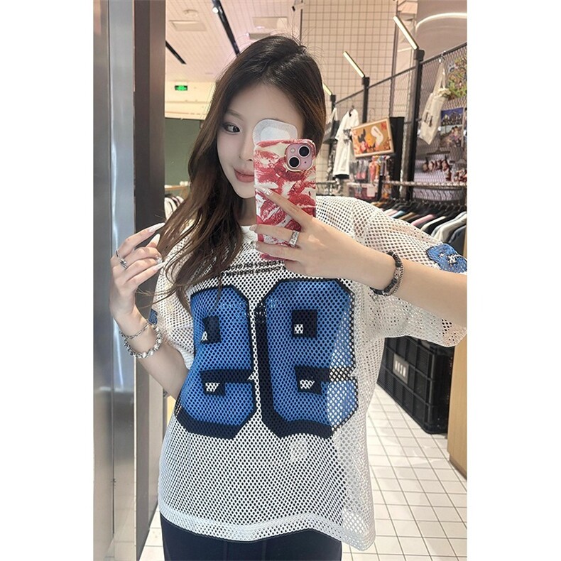 夏季镂空99大网眼球衣美式街头复古印花球服短袖t恤男女夏季图片