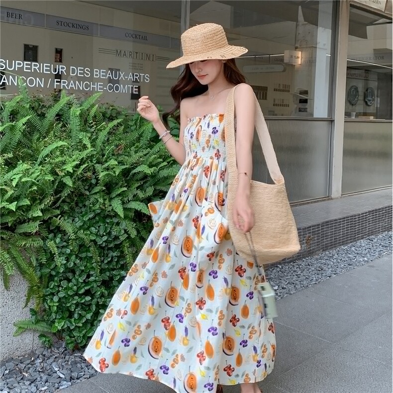 法式夏日绝美穿搭印花连衣裙女新款多巴胺甜美减龄可拆卸肩带长裙,女装连衣裙,2C213