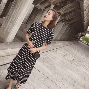 慵懒风条纹针织连衣裙夏季微胖mm显瘦宽松遮肚子法式温柔裙子图片