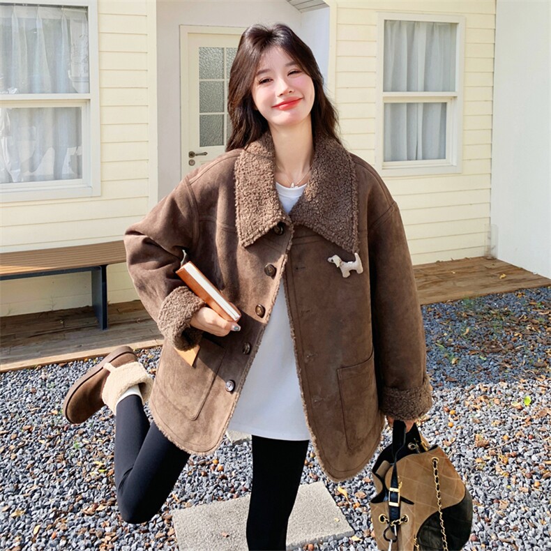 美拉德棕两面穿羊羔毛外套女冬2025年新款小个子加厚皮毛一体上衣,女装棉衣/棉服,2C158