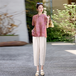 长期有货2026夏装新款时尚两件套装女提花新中式衬衫T小脚腿裤女，女装套装/套裙，璐依舞