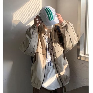 美式复古冲锋衣外套春秋季百搭高街休闲条纹vintage棒球服宽松潮图片