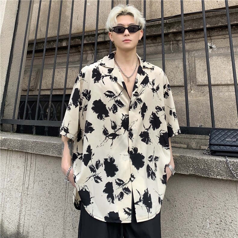 潮港风复古花卉满印短袖衬衫男夏季潮牌街头百搭休闲衬衣P48图片