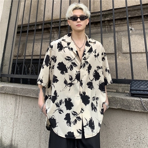 潮港风复古花卉满印短袖衬衫男夏季潮牌街头百搭休闲衬衣P48图片