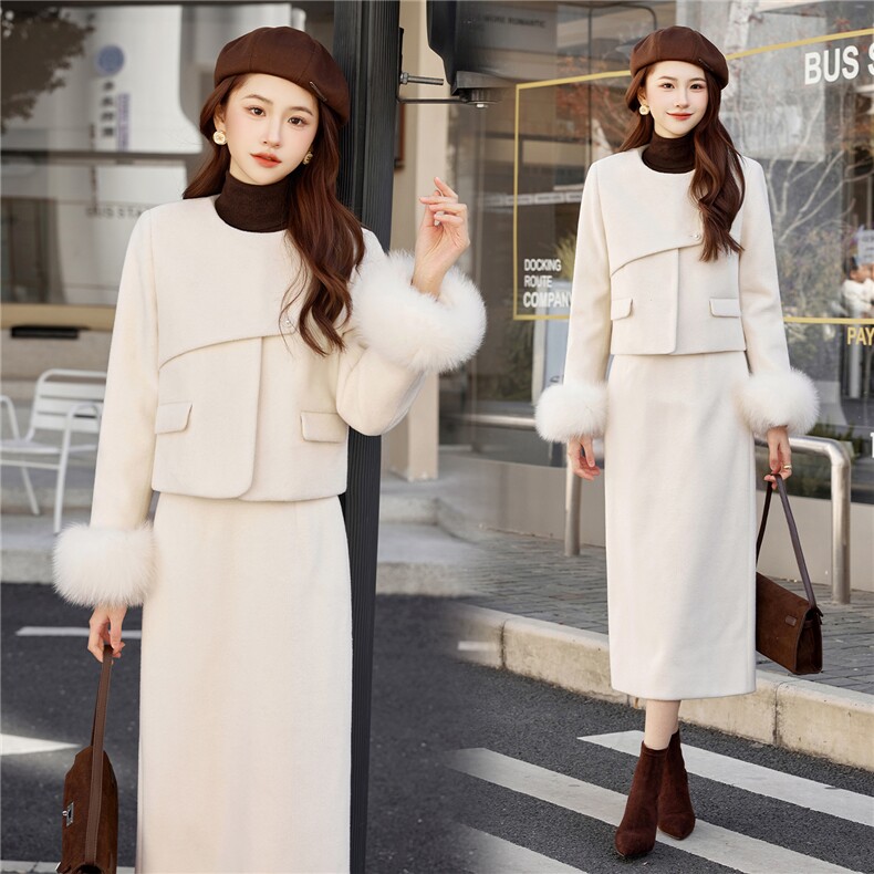 现货2025年冬季新款女时尚潮流气质90绒真狐狸毛修身半身裙套装裙，女装套装/套裙，艾贝斯