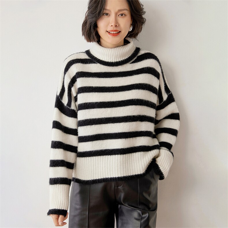 高翻领加厚软糯感山羊绒衫女条纹拼色针织毛衣宽松羊毛衫打底上衣,女装羊绒衫,雪山红莲