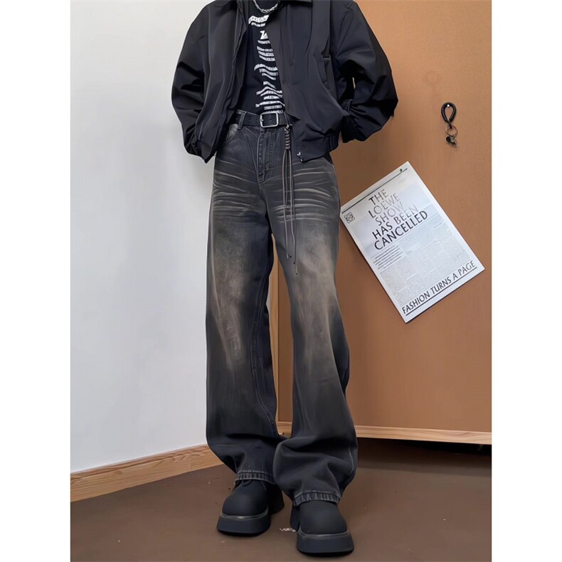 xz905-Z047#P65-（控98）美式高街宽松阔腿牛仔裤,男装牛仔裤,星座905