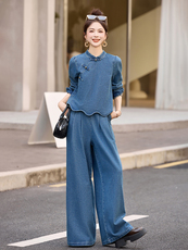 现货·现货2026年秋季牛仔阔腿裤新中式盘扣两件套装，女装套装/套裙，艾仟回(原伊仟回)