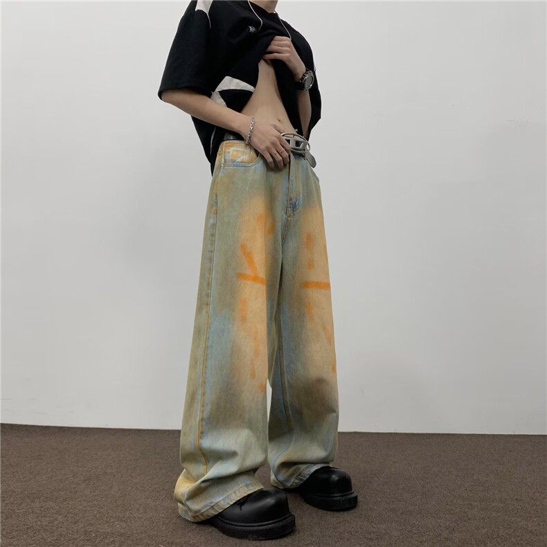 新款废土风脏泥染做旧牛仔裤男潮牌宽松直筒脏脏裤C1791-P52,男装牛仔裤,星座1001-1