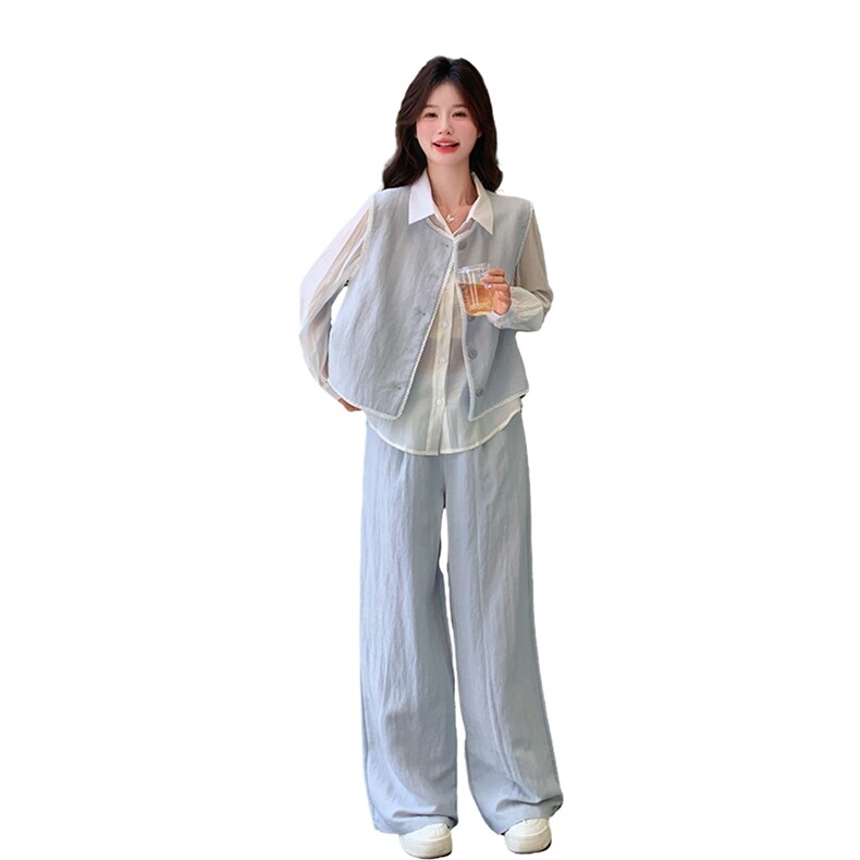 蕾丝拼接时尚百搭马甲阔腿裤套装女夏季新款T恤三件套ootd穿搭潮,女装套装/套裙,秋水欣儿