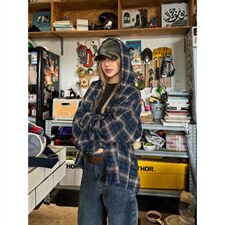 美式复古连帽蓝色格子衬衫男春夏长袖设计感痞帅衬衣外套CC83，男装衬衫，星座208-5