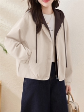 时尚撞色连帽假两件外套女2025秋季流行爆款宽松休闲显瘦夹克上衣，女装短外套，以桐