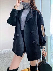 2021秋季新款韩版时尚潮流袖拼接格四粒扣双口袋百分百羊毛图片