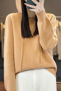 休闲连帽羊绒卫衣女秋冬宽松纯色百搭羊毛帽衫休闲针织上衣图片