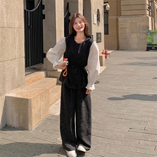 韩系小香风气质套装女2025春新款设计感拼接收腰显瘦阔腿裤两件套，女装套装/套裙，维壹