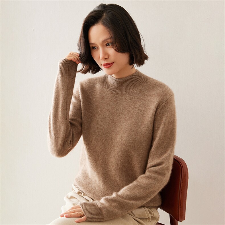 2024秋季新款女士半高领长袖短款套头衫通勤百搭35%羊绒衫,女装羊绒衫,澳煜绒
