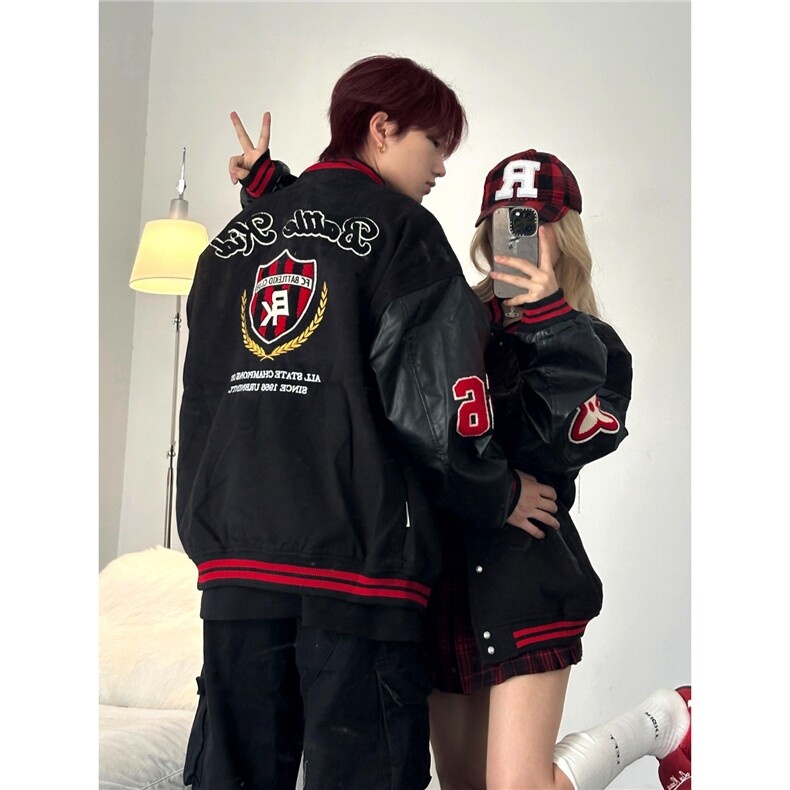 3989-P62潮新款刺绣徽章拼接撞色棒球服外套男女宽松美式,男装T恤,电商B323A