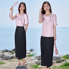 2025夏装新款时尚显瘦通勤百搭设计感不规则高腰中长款钉珠半身裙，女装套装/套裙，火爆靓佳人