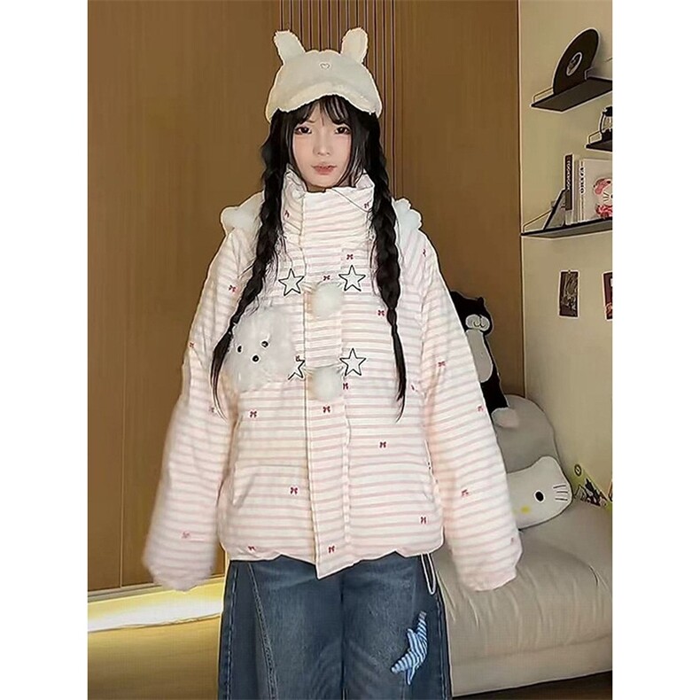小众不撞款小熊条纹连帽毛毛棉服女保暖百搭宽松学生面包服外套,男装棉衣,星座1210-1