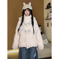 小众不撞款小熊条纹连帽毛毛棉服女保暖百搭宽松学生面包服外套，男装棉衣，星座1210-1