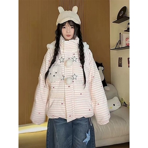 小众不撞款小熊条纹连帽毛毛棉服女保暖百搭宽松学生面包服外套图片